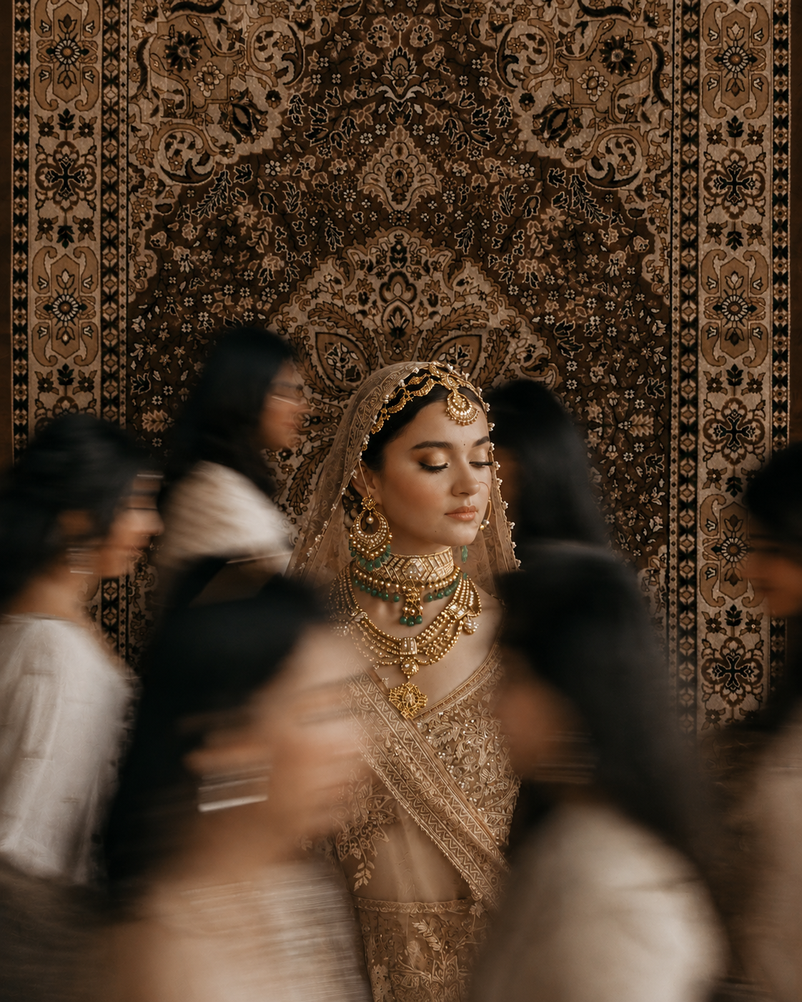 Indian bride in heirloom gold, surrounded by movement