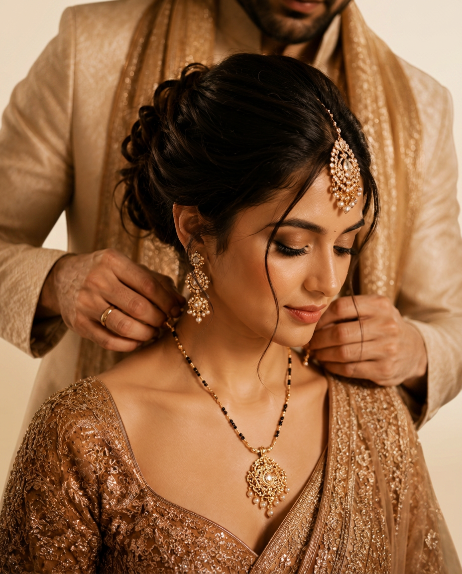 Groom fastening a sacred mangalsutra necklace around the bride's neck